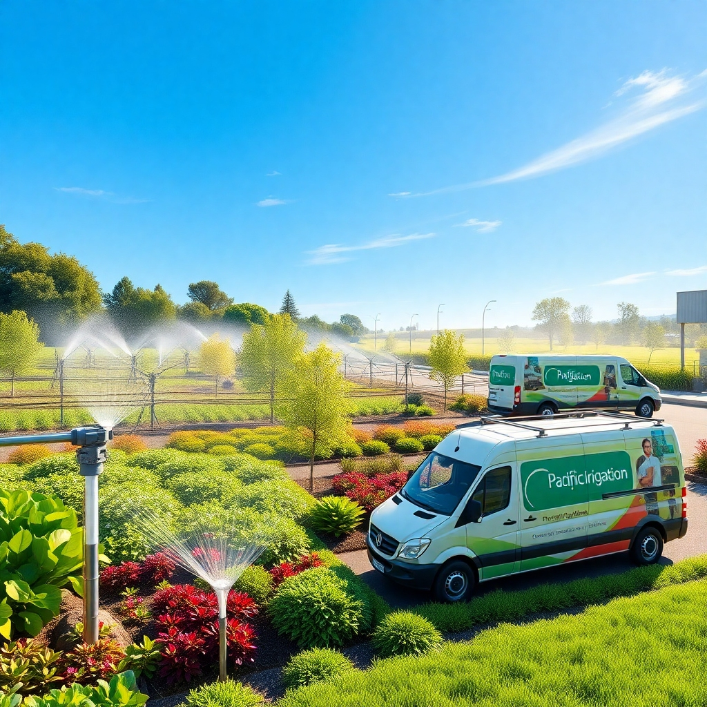 A beautiful photorealistic image showcasing a variety of irrigation systems in a lush green garden and a commercial landscape, featuring drip irrigation, sprinklers, and a service van with 'Pacific Irrigation' branding, under a bright blue sky.