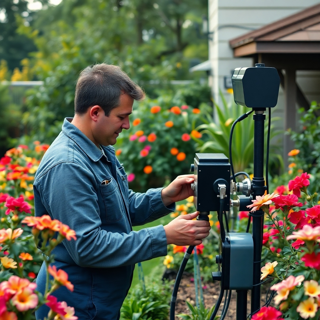 A high-quality, photorealistic image of a skilled technician examining a state-of-the-art irrigation system in a lush residential garden, surrounded by vibrant flowers and greenery, showcasing technology and nature harmoniously.