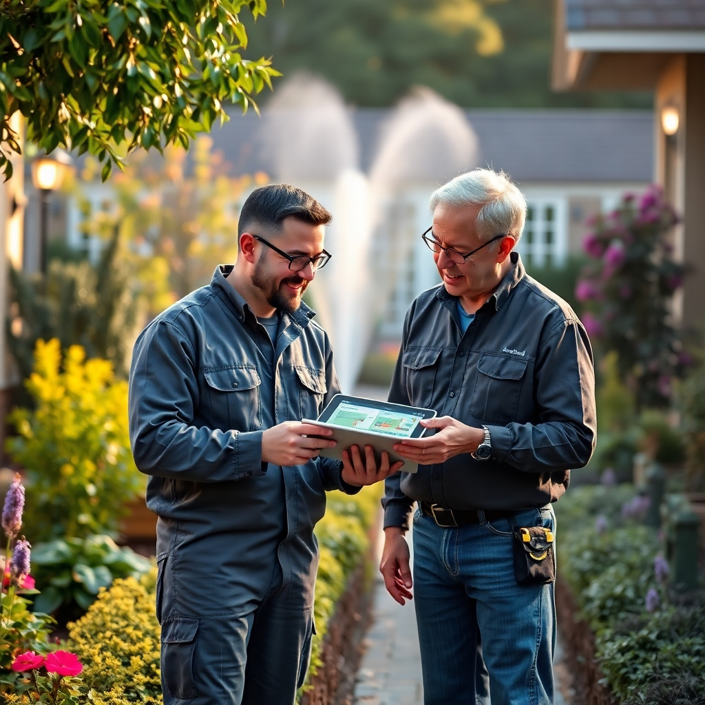 A photorealistic image of a friendly technician interacting with a homeowner in a beautifully landscaped garden. The technician is showing a digital tablet with irrigation solutions, highlighting customer service and satisfaction in a warm atmosphere.