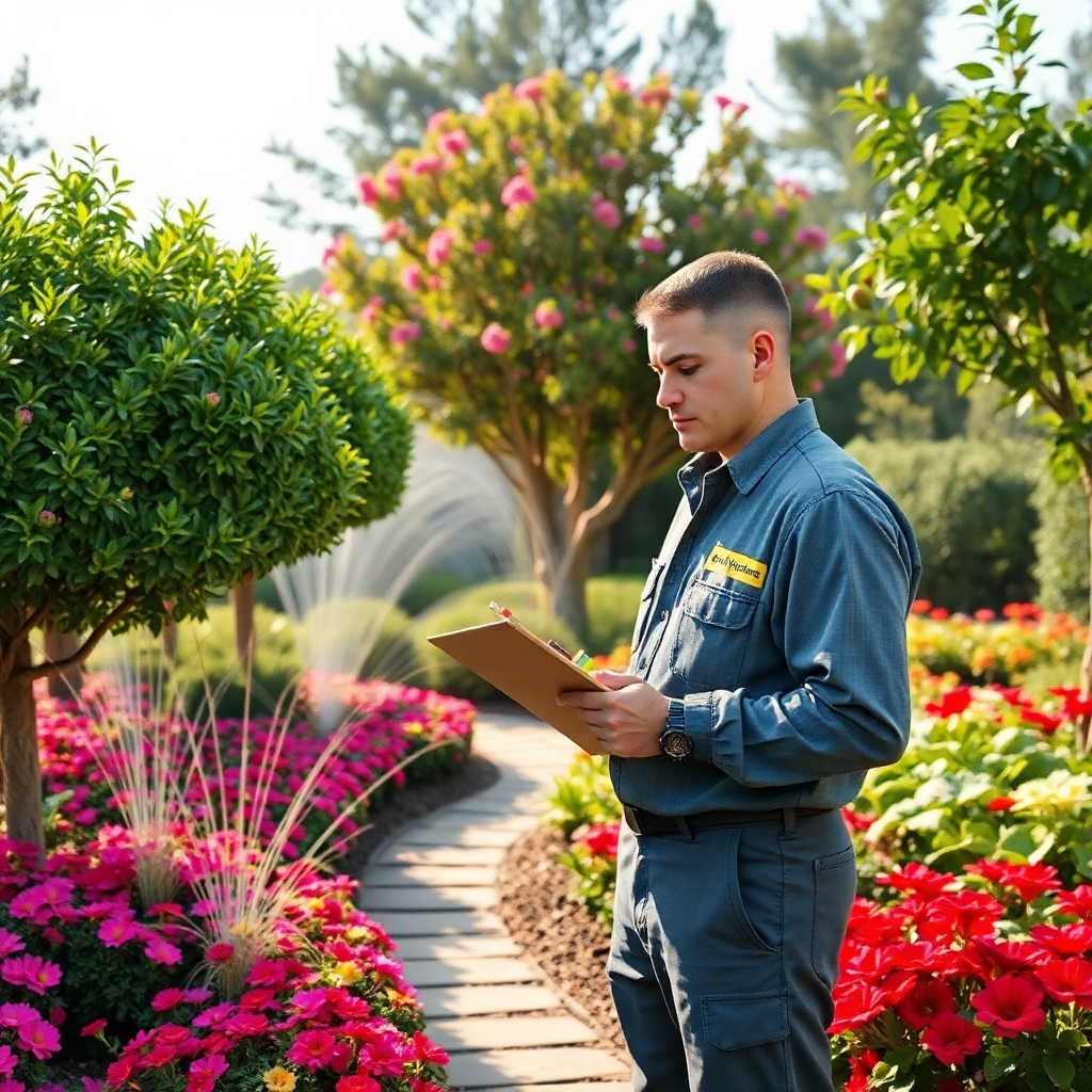 A professional technician from Pacific Irrigation inspecting a beautifully landscaped garden equipped with a state-of-the-art irrigation system. The technician is holding a clipboard, with trees and flowerbeds in full bloom around, showcasing the lush results of efficient watering.
