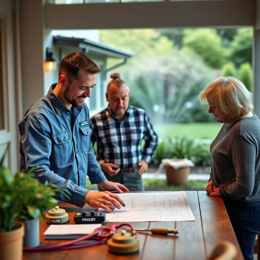 An engaging scene featuring a friendly Pacific Irrigation service technician discussing plans with a couple at their home. The technician points at a blueprint on a table, with irrigation equipment and lush greenery in the background.