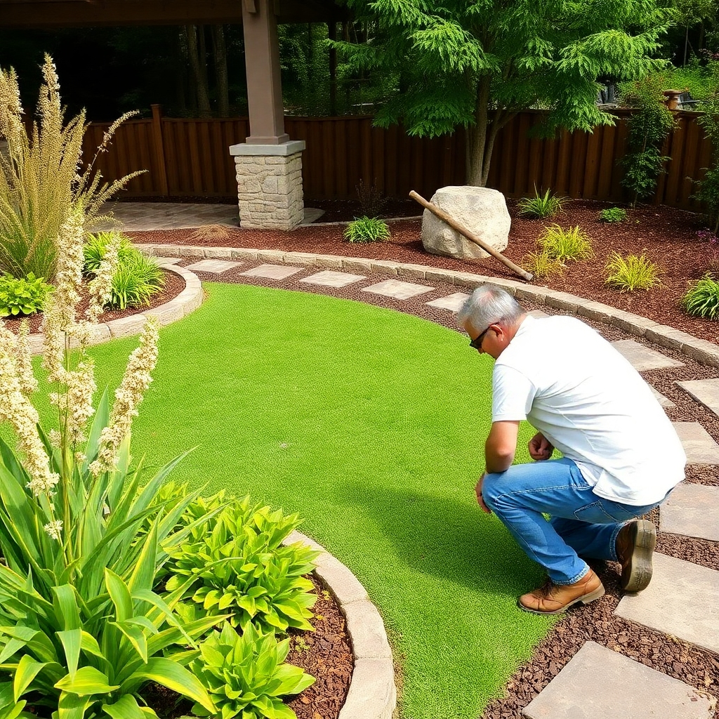 A friendly service technician from Pacific Irrigation engaging with a homeowner in a backyard, explaining irrigation options with detailed plans and diagrams on a portable tablet, surrounded by vibrant plants and a clear sky.